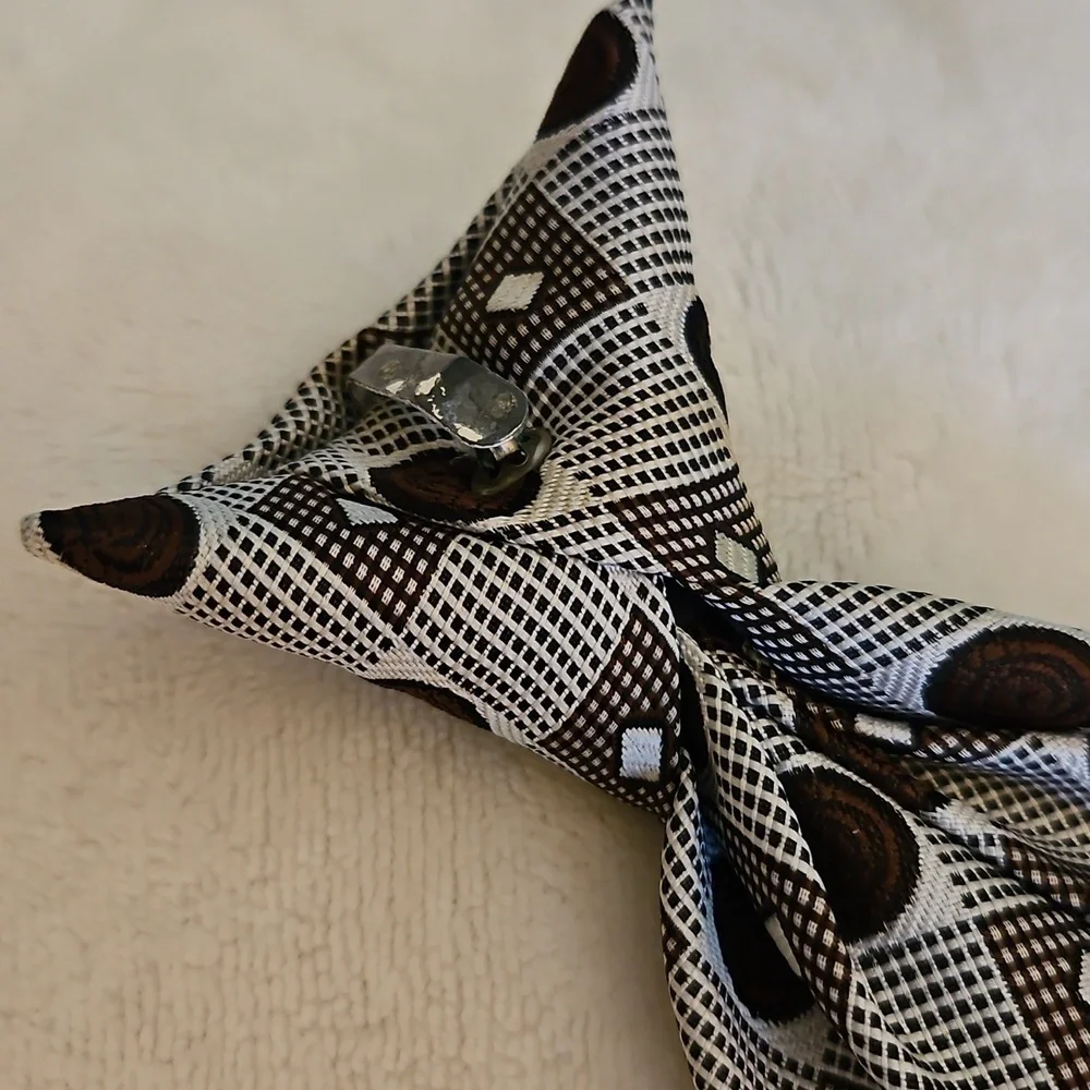Vtg SEARS 1960s Brown and Silver Circle Atomic Patterned Wide Clip-on Tie